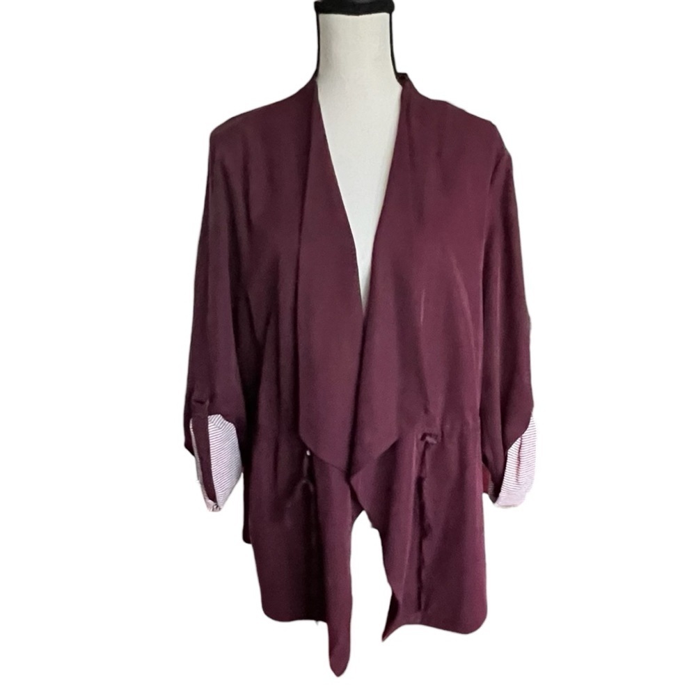 ***SOLD***Plum color Rayon Cascade Waterfall front jacket with striped sleeves